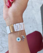 Load image into Gallery viewer, Protection Alphabet and Evil Eye Gold Watch Charm