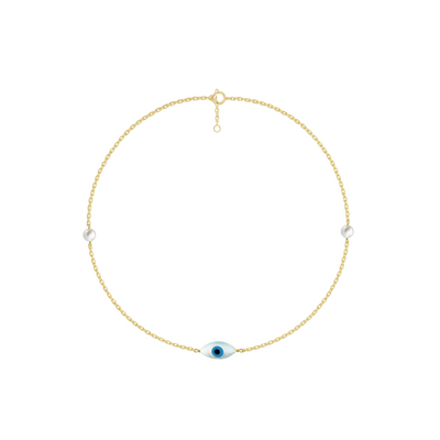 Gold necklace with a blue evil eye pendant on a white background