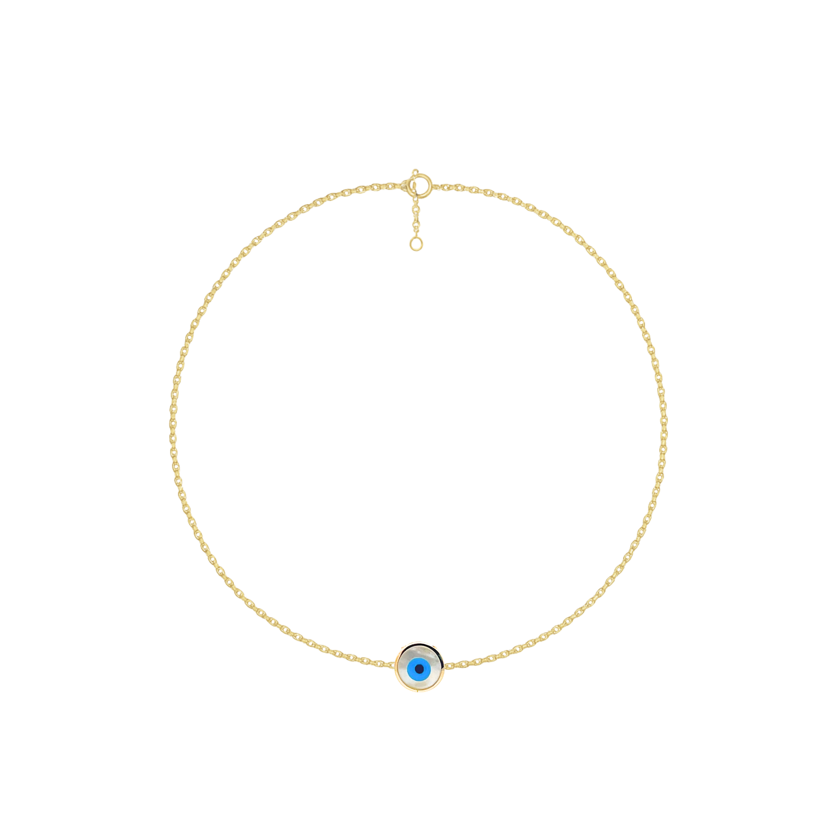 Gold necklace with a blue eye pendant on a white background