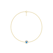 Gold necklace with a blue eye pendant on a white background