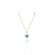 Gold necklace with a blue evil eye pendant on a white background