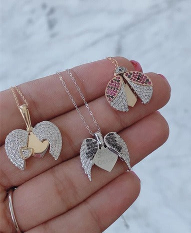 Statement Angel Wings Open Close Necklaces with Engraving