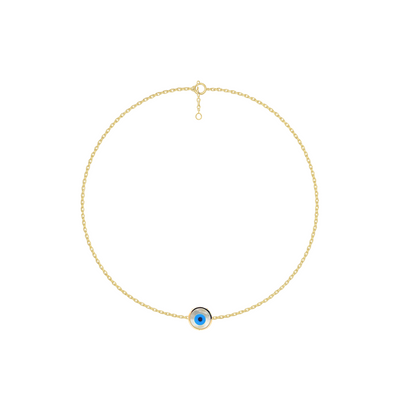 Gold necklace with a blue eye pendant on a white background