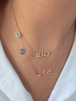 Load image into Gallery viewer, Name Necklace with Diamonds on Dots and Evil Eye.
