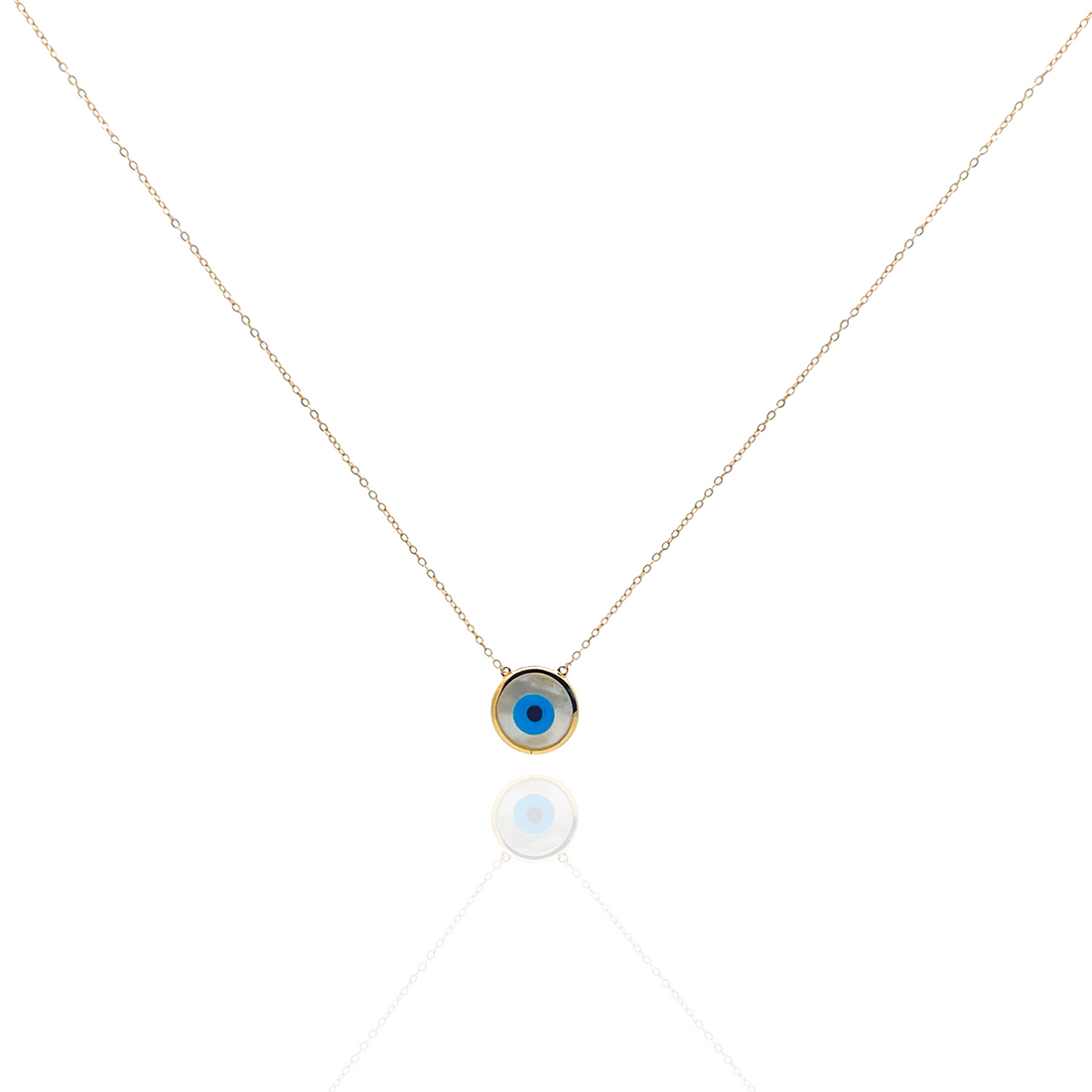 Necklace with a small round pendant featuring an eye design on a white background